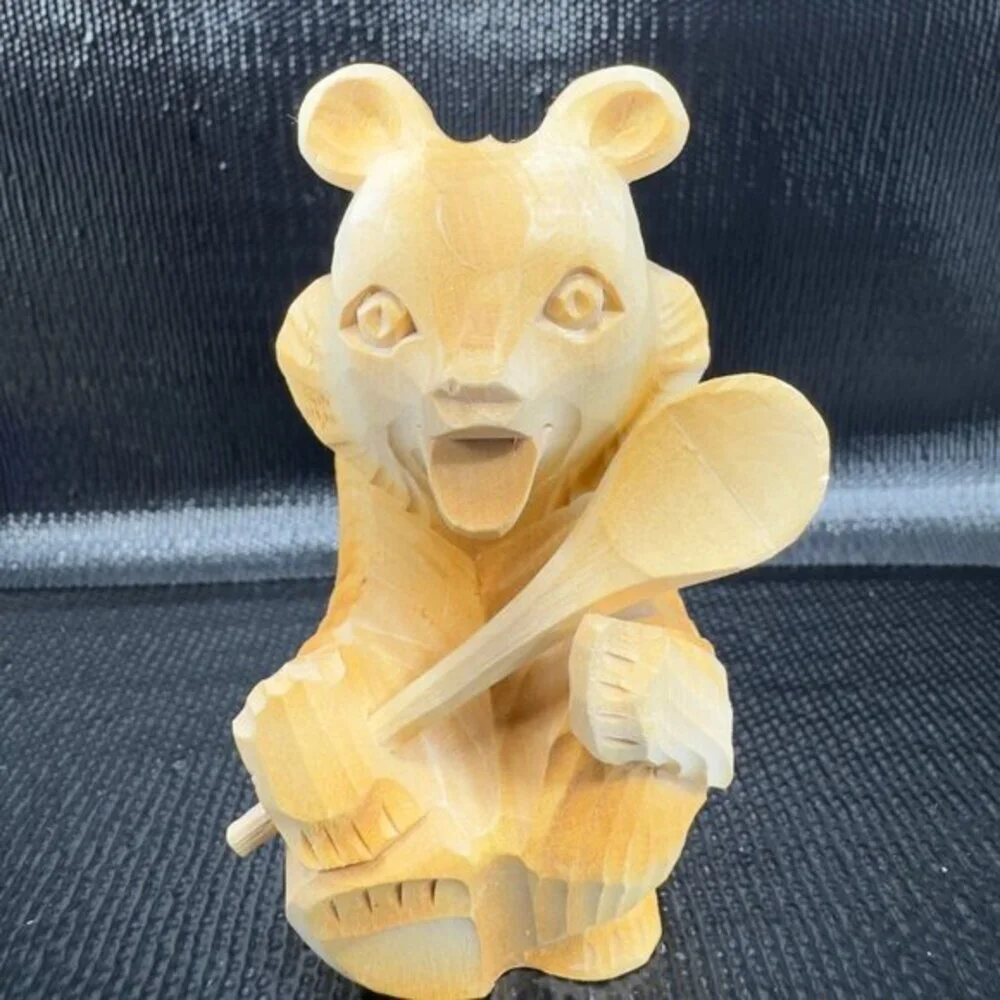 Russian‎ Folk Art Hand Carved Wooden Bear With Spoon Figurine Vintage Decor